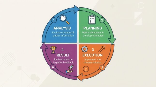Structured Strategic Decision-Making Infographic for Effective Business Management and Problem Solving in Decision making process connecting analysis planning execution