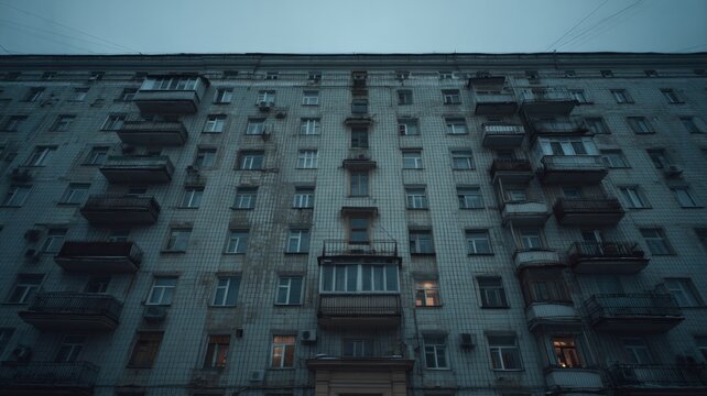 Urban soviet-era apartment facade in grayscale. Artificial intelligence image