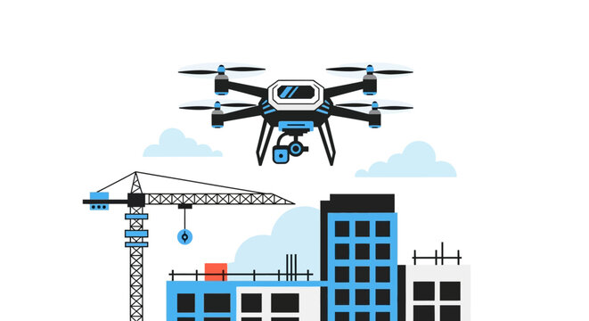 Professional Hexacopter Drone Monitoring a Construction Site and Building Project, Flat Vector Illustration of Industrial Drone Inspection and Surveying Technology