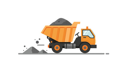 Naklejka premium Orange Dump Truck Flat Vector Illustration - Heavy Construction Vehicle with Soil Load