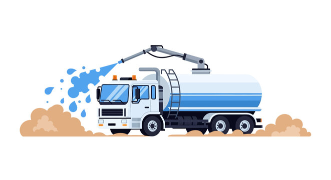 Industrial Water Tanker Truck Spraying Dust Suppression at Construction Site, Flat Vector Illustration of Water Bowser Vehicle for Road Maintenance and Cleaning