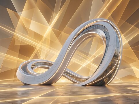 Silver metallic infinity loop abstract sculpture on golden background