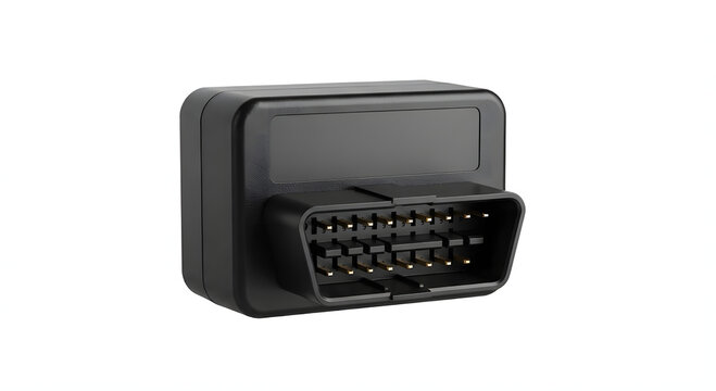 Black OBD2 Scanner Bluetooth Adapter Isolated on White Background. On-Board Diagnostics Interface Reader Mockup for Car Repair.