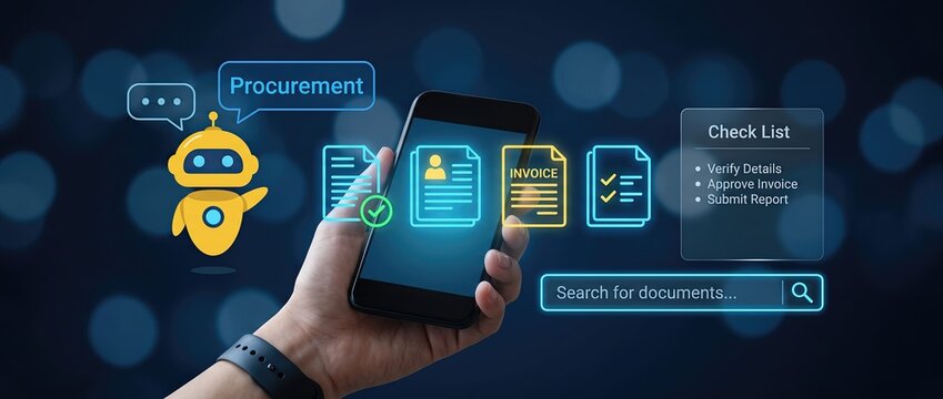 Innovative procurement process featuring a person holding a smartphone displaying digital documents accompanied by a friendly robot icon to enhance business efficiency