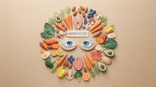 Paper craft concept showcasing foods promoting eye health and supporting vision through Healthy eyes diet showing