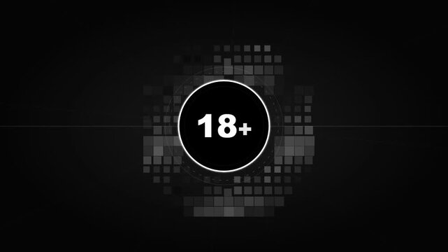Seamless loop, vibrant 18+ age restriction stamp with glowing neon grid background, cinematic close-up, symbolizing digital content regulation, age verification, and online safety for
