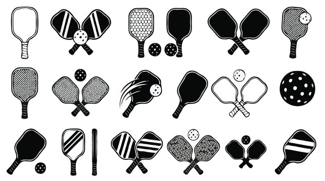 Pickleball equipment vector set paddles crossed racquets and perforated balls collection