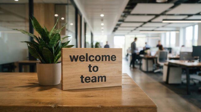 Modern office background with green plant vase welcomes new employee to the Welcome team greeting