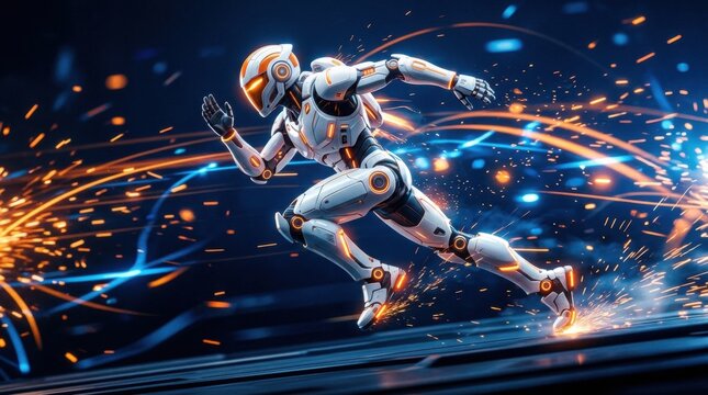 Futuristic humanoid robot running fast with energy effects embodying AI power and sprinting at high speed