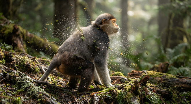 A monkey shaking off water in a lush, misty forest environment