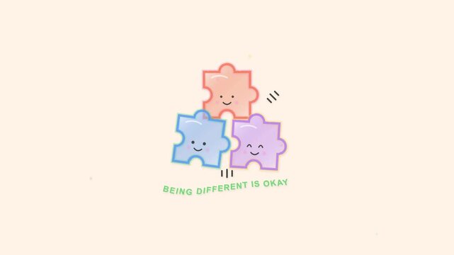 Vibrant animated character, blue and pink puzzle piece figures dancing in sync, seamless loop, symbolizing diversity, inclusion, and unity for social media content