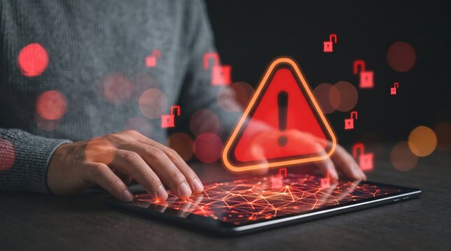 Cyber security warning alert on tablet screen with red danger triangle icon. Hacker attack threat notification showing unlocked padlocks and network breach. Digital data protection
