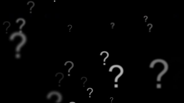 Animation of floating question mark symbols video overlay template on a black background. Suitable for uncertainty, confusion, FAQ, inquiry, quiz, education, mystery, and problem-solving concepts
