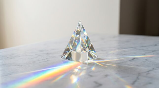 Crystal pyramid refracts light creating rainbow spectrum on marble surface with soft background