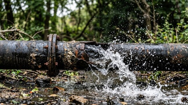 Water gushing from a burst pipe in main line - with spraying