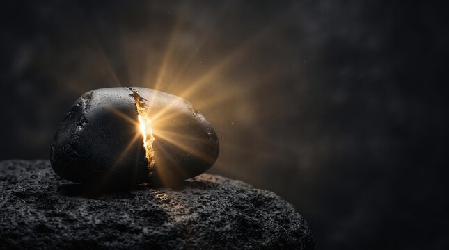 Macro close up of dark obsidian gemstone with glowing golden light fissure for epiphany concept