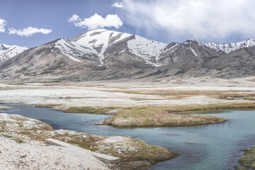 Clear-water rivers and lakes in a mountain valley, pastures and green grassy fields set against mountain ranges and snow-capped, glacier-clad peaks—a scenic landscape background © Denis