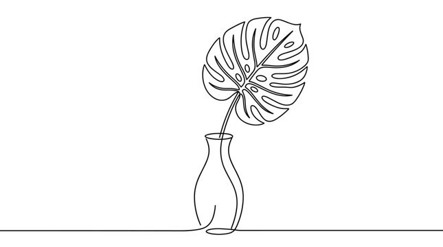 Continuous line art drawing of a large monstera leaf inside a decorative vase on background