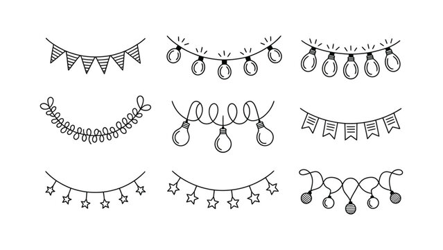 Set of hand drawn festive party bunting flags and hanging string light garlands for celebration