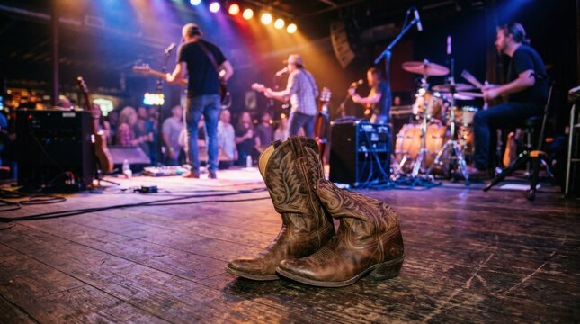 Live Country Music Festival Event with Cowboys in a Rustic Barn Setting featuring