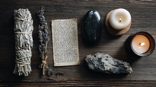 Sage lavender crystals candles and an old handwritten note on a dark wooden table