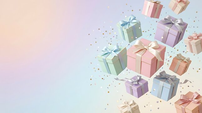 A festive background featuring many colorful gift boxes floating in the air against a soft pastel gradient backdrop for holiday celebration concepts