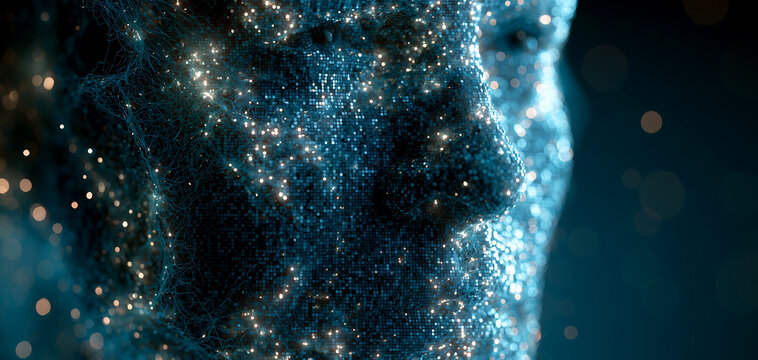 Abstract digital network face with glowing connections with set against pixelated blue backdrop intricate web lines bokeh light effects