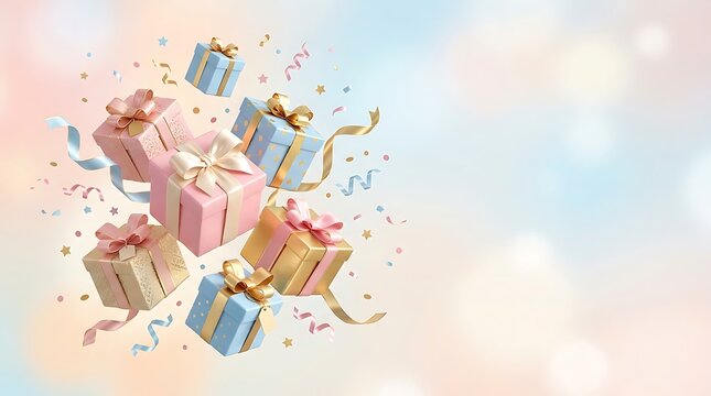A festive collection of colorful gift boxes floating in the air surrounded by sparkling confetti on a soft pastel background for celebrations