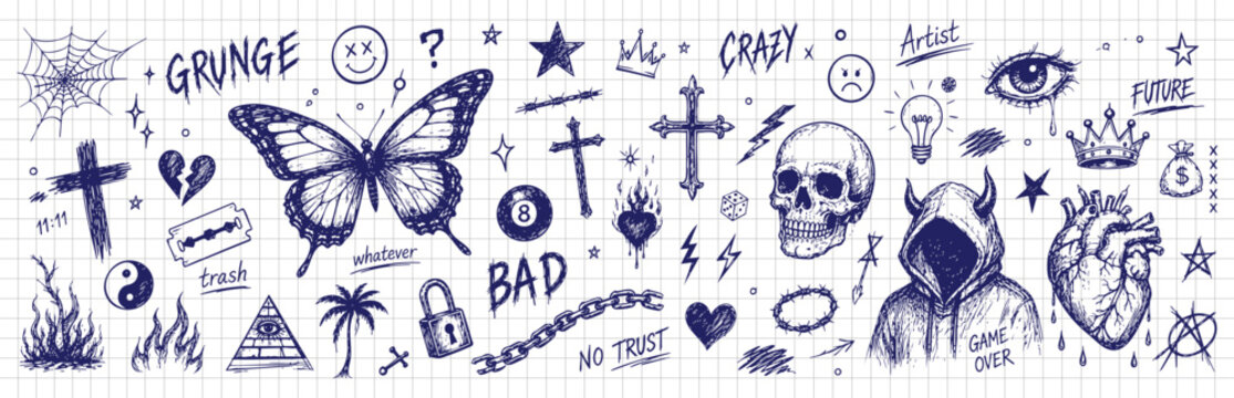 Blue grunge doodle and sketch symbol collection with butterflies, stars and abstract icons. Hand drawn artistic elements for journaling and graphic design.