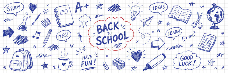 Back to school hand drawn doodle collection with education icons. Blue sketch notebook illustrations, school supplies and learning themed vector elements. © Zbrake Studio