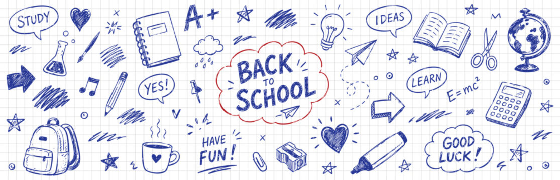 Back to school hand drawn doodle collection with education icons. Blue sketch notebook illustrations, school supplies and learning themed vector elements.