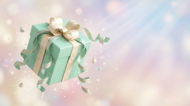 A beautiful turquoise gift box wrapped with a white ribbon and bow floating against a soft pastel background with sparkling bokeh light effects