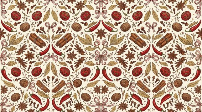 A dense, elegant seamless pattern of traditional Indonesian spice harvest icons on a warm ivory background, clean vector illustration style with fine outline art. Features small repeating detailed ite