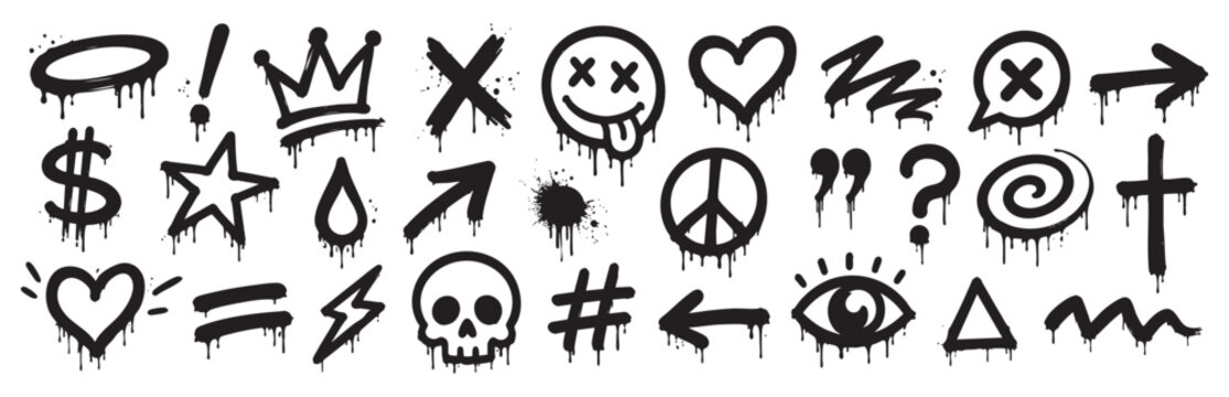 Black graffiti icon and symbol collection with arrows, hearts, skulls and abstract doodles. Hand drawn street art vector elements for creative projects.