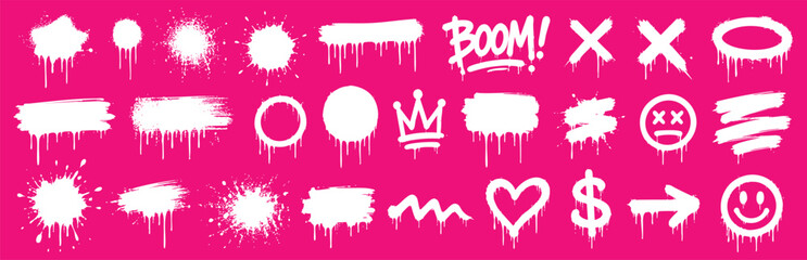 A collection of white graffiti spray paint elements, including drips, splatters, shapes, symbols, and icons, set against a vibrant pink background. © Zbrake Studio