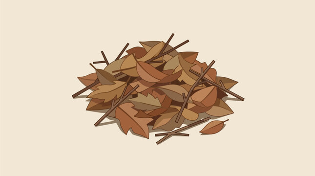 Isometric illustration of a pile of dry brown autumn leaves and twigs for composting organic garden waste