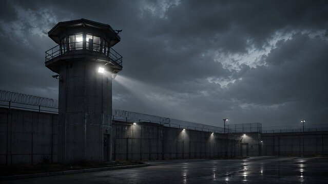 Prison Guard Tower at Night with Security Spotlight, Barbed Wire Fence and Maximum Security Correctional Facility