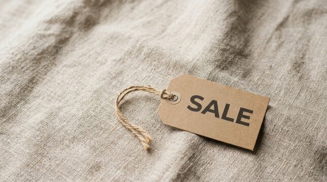 A brown "SALE" tag with twine lies on a textured, light fabric background, signaling discounts and retail promotions.
