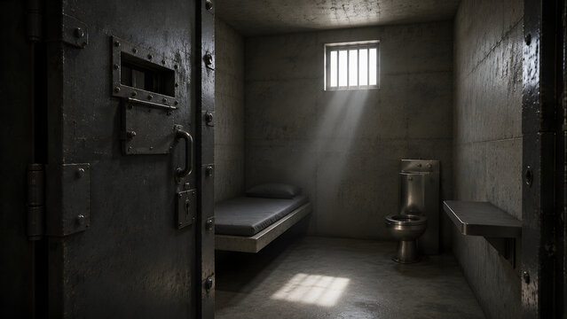 Solitary Prison Cell with Steel Door, Concrete Walls and Single Bed Inside Maximum Security Correctional Facility