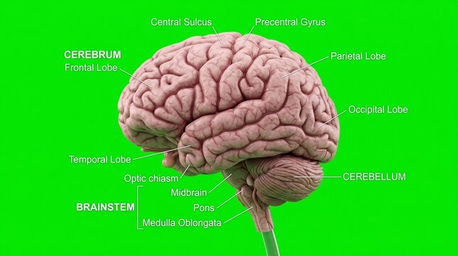 Human brain model with labeled regions. Anatomical diagram of brain lobes and anatomy.