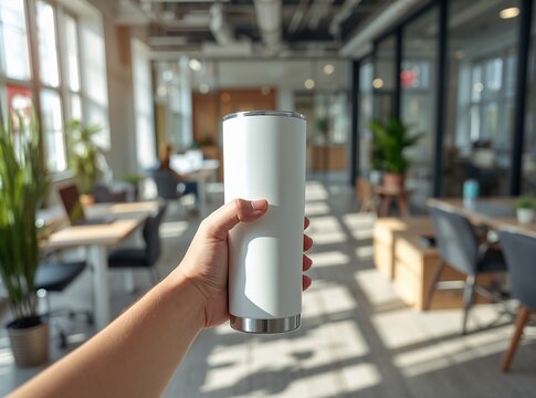 Hand holding a blank white travel tumbler in a sunny modern open-plan office or cafe. Ideal for lifestyle and workspace drinkware mockups.