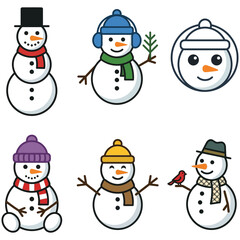 Set of cute cartoon snowman icons with various winter accessories, christmas