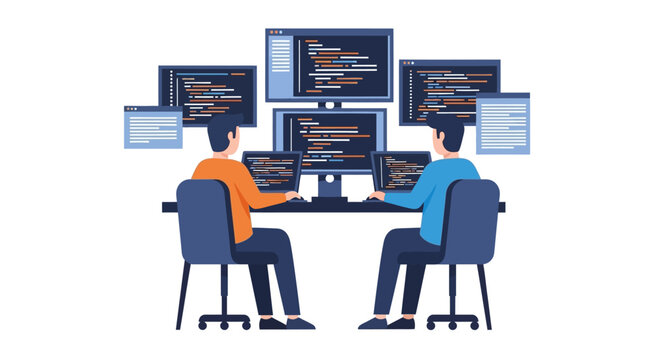 Team of Software Developers Coding and Programming with Multiple Monitors, Web Development, Software Engineering, IT Team Collaboration Flat Vector Illustration