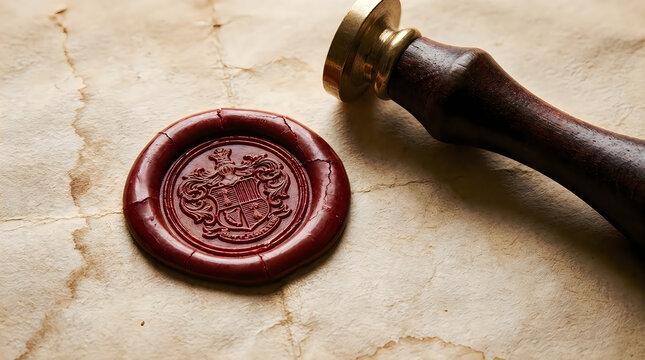 Red wax seal pressed with antique stamp and signet tool