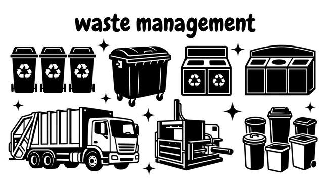 waste management systems featuring recycling bins garbage containers waste sorting stations collection trucks transfer containers compactors and environmental monitoring equipment collection