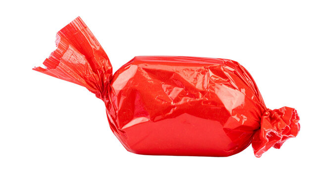 Bright red wrapped candy with crinkled ends isolated on solid white background2