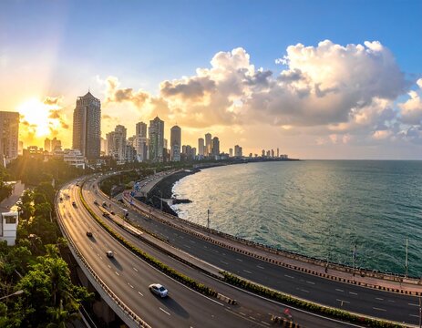 Panoramic Mumbai Coastal Road with Arabian Sea views, elegant bridges, city skyline and striking urban infrastructure.