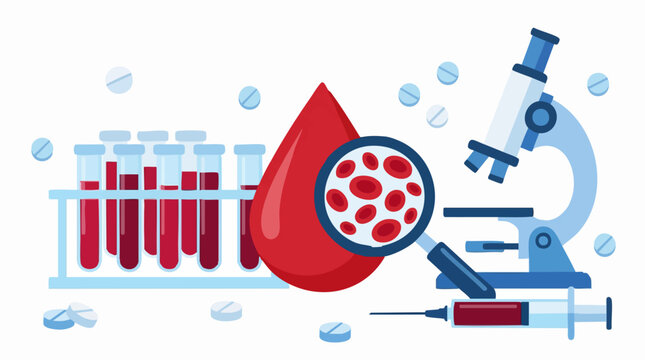 Medical laboratory research with blood samples, microscope, and diagnostic tools