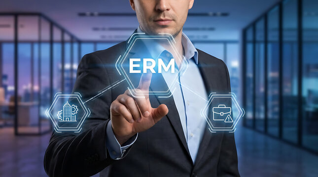 Businessman Touching Enterprise Risk Management (ERM) Interface for Corporate Risk Assessment, Business Compliance, Governance and Strategic Financial Planning