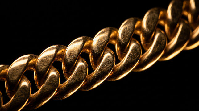 Close up of a shiny gold cuban link chain on a dark background.